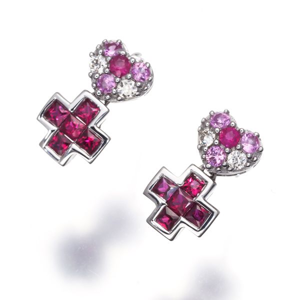 ダイヤモンド サファイア｜ダイヤモンド[ルビー ピンクサファイア ダイヤ ダイヤモンド ミステリーセッティング ハート クロス ピアス K18WG]を買取しました。【真珠買取リパール】