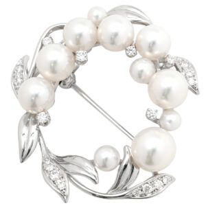 アトk ｜アコヤ真珠[ミキモト ブローチ パール ダイヤ ゴールド ホワイトゴールド Au750 18K 18金 サークル リーフ 葉 リース型 あこや]を買取しました。【真珠買取リパール】