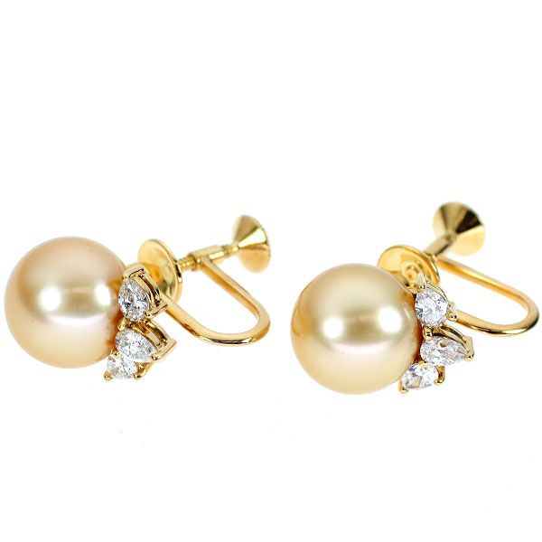 真珠の指輪 買取 ｜ゴールデンパール[ミキモト K18YG ゴールデンパール ダイヤモンド イヤリング 10.5mm D0.57ct]を買取しました。【真珠買取リパール】