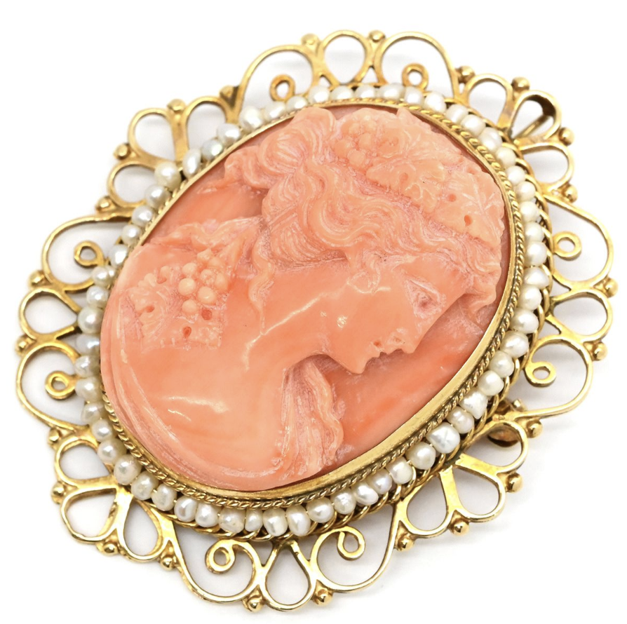 ピンク珊瑚 価値 ｜珊瑚[ブローチ カメオ K14YG 珊瑚]を買取しました。【真珠買取リパール】
